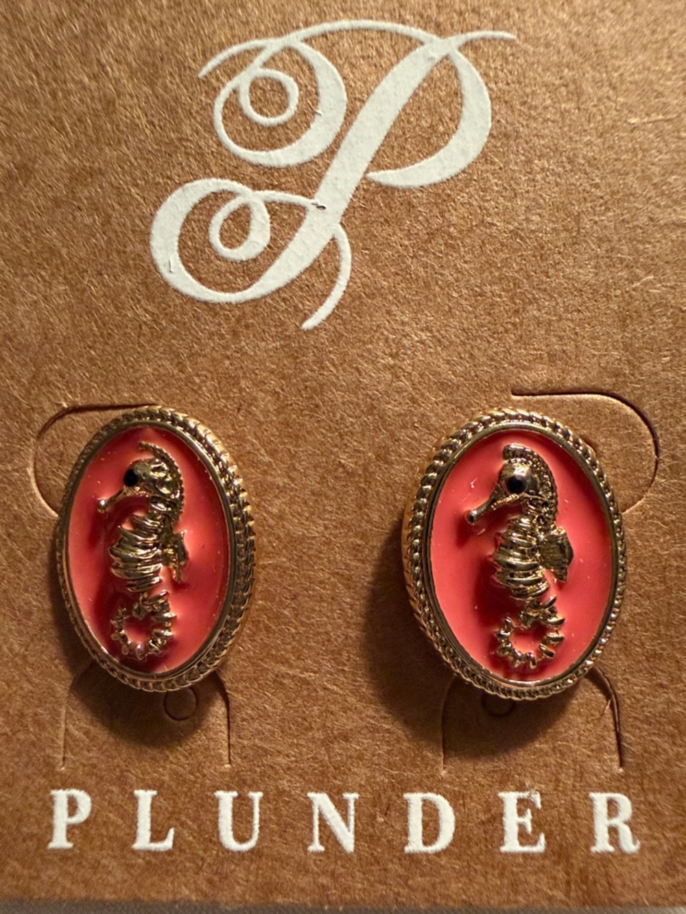 Plunder Gold Seahorse Oval Studs with Coral Pink Enamel NWT NEW 🎉